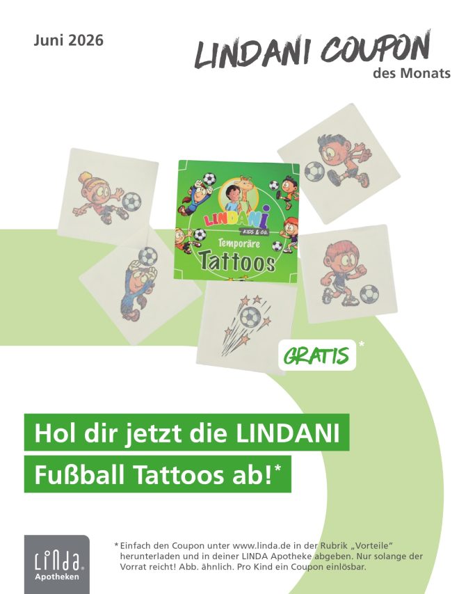 Lindani Gutschein mit Fußball-Tattoos und bunten Figuren.