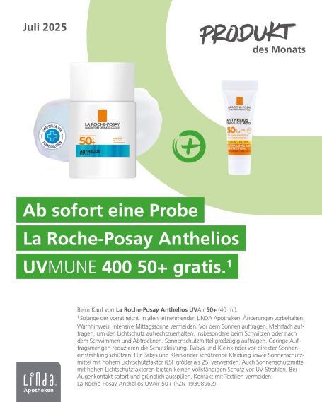 Werbung für La Roche-Posay Anthelios UV-Filter, kostenlose Probe erwähnt.