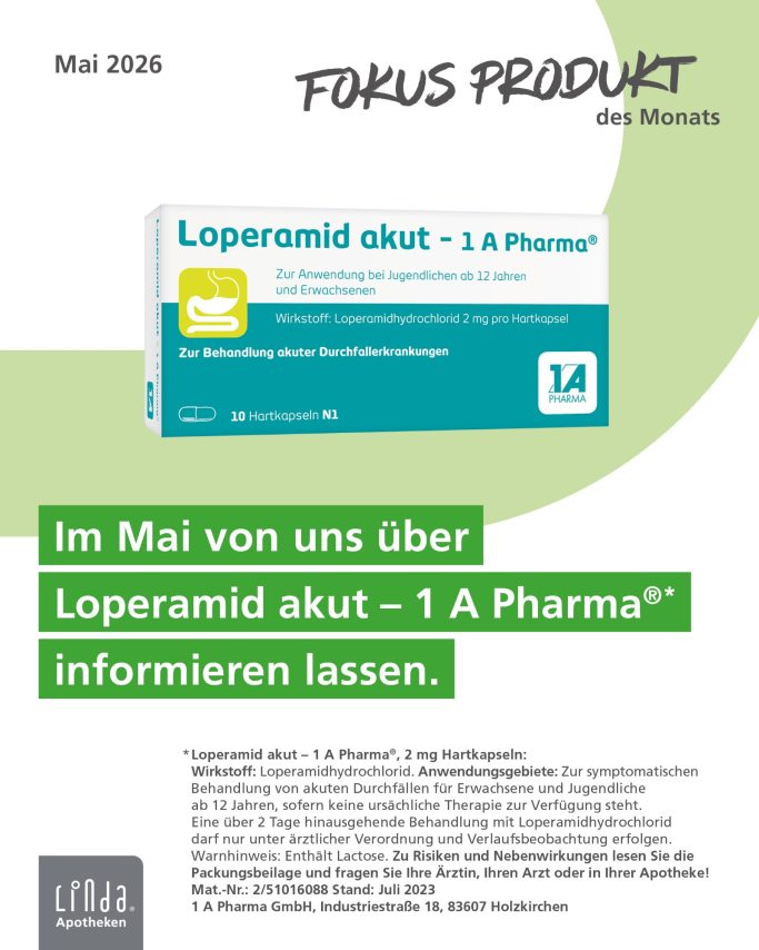 Packungsdesign für Loperamid akut 1 A Pharma mit Informationen zur Anwendung.