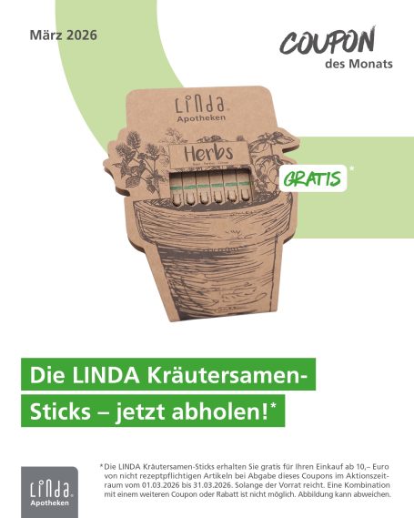 Überschrift „COUPON des Monats“. Abgebildet sind LINDA Kräutersamen-Sticks in Form eines Blumentopfs mit „GRATIS“-Kennzeichnung