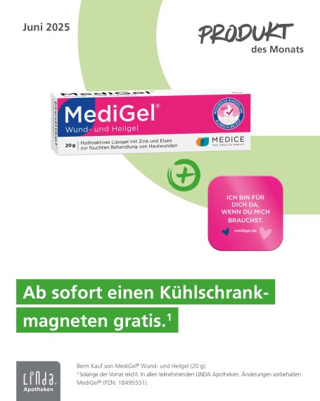 Abbildung einer Tube MediGel Wund- und Heilgel sowie eines pinken Kühlschrankmagneten mit Aufschrift.
Produkt des Monats.