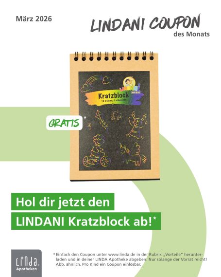 Überschrift „LINDANI COUPON des Monats“. Abgebildet ist ein Kratzblock mit bunten Motiven und „GRATIS“-Kennzeichnung. Text: „Hol dir jetzt d