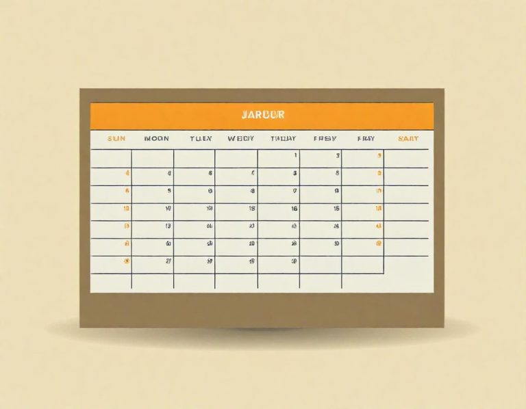 Ein einfacher, grafischer Kalender mit Monatsübersicht und farbigen Markierungen.