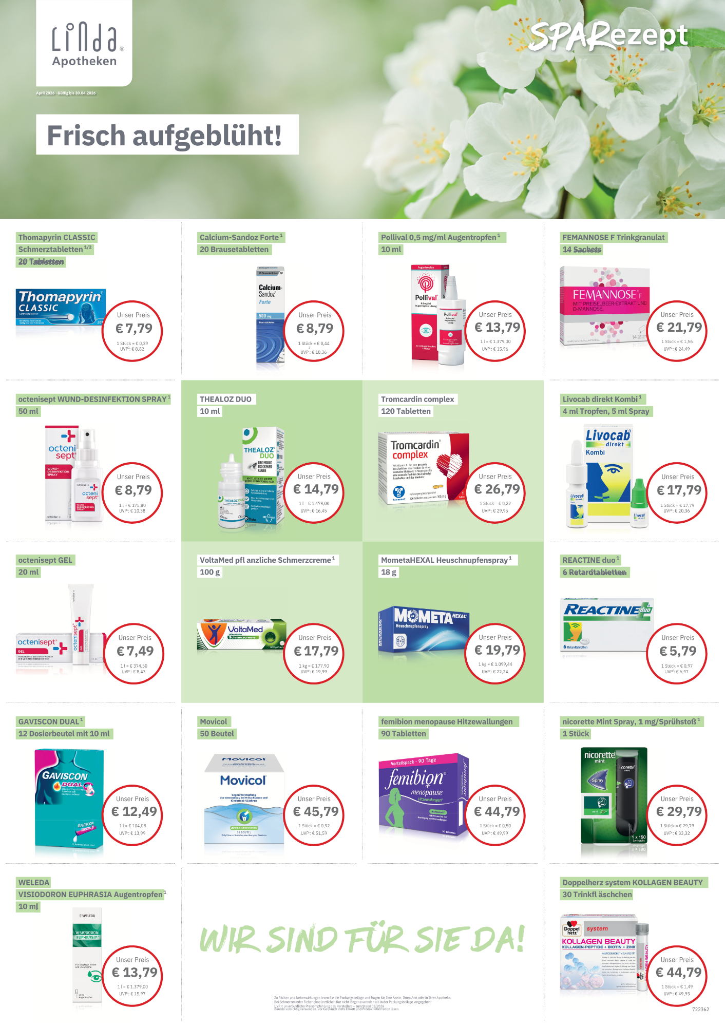 Produktübersicht mit Preisen und Angeboten für verschiedene Artikel auf grünem Hintergrund.