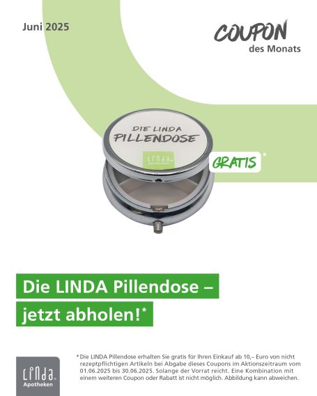 Coupon für die LiNDA Pillendose, gültig bis Juni 2025.