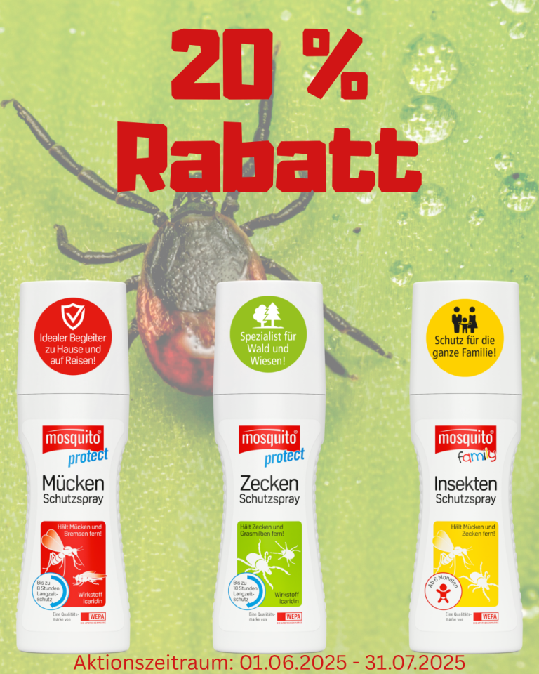 Drei Insektenschutzsprays mit 20 % Rabatt, rot und grün auf grünem Hintergrund.