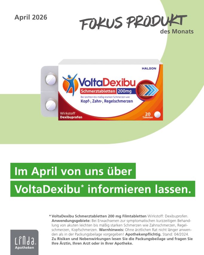 Produktabbildung „VoltaDexibu Schmerztabletten 200 mg“. Text: „Fokus Produkt des Monats“ und „Im April von uns über VoltaDexibu informieren 