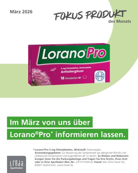 Überschrift „PRODUKT des Monats“. Abgebildet sind Lorano®Pro 18 Filmtabletten und ein schwarzer LINDA Faltbeutel.