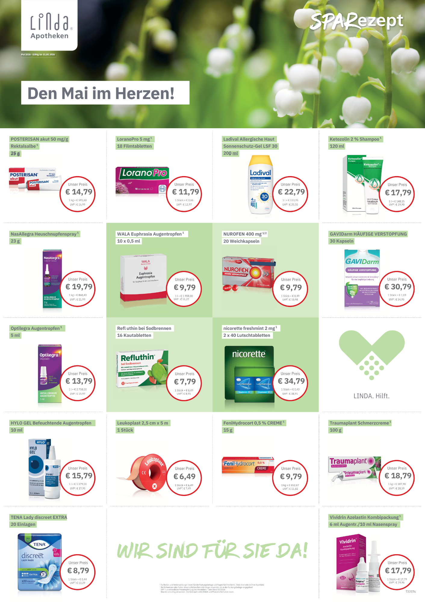 Produktübersicht mit Preisen und Angeboten für verschiedene Artikel auf grünem Hintergrund.