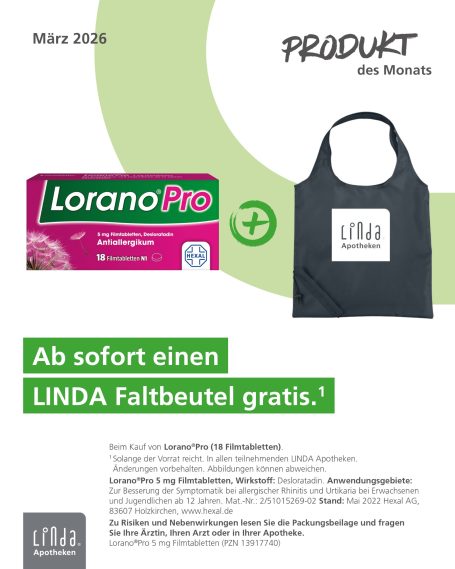 Überschrift „PRODUKT des Monats“. Abgebildet sind Lorano®Pro 18 Filmtabletten und ein schwarzer LINDA Faltbeutel.