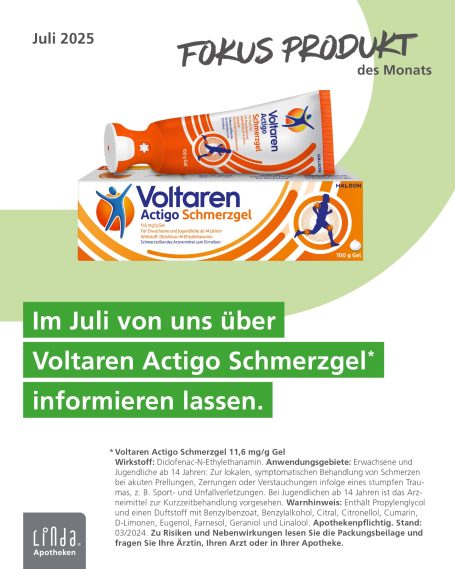 Voltaren Actigo Schmerzgel Tube und Verpackung mit Informationen zur Anwendung.