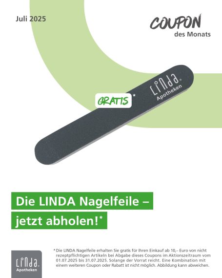 Coupon für eine LINDA Nagelfeile, gültig bis Juli 2025.