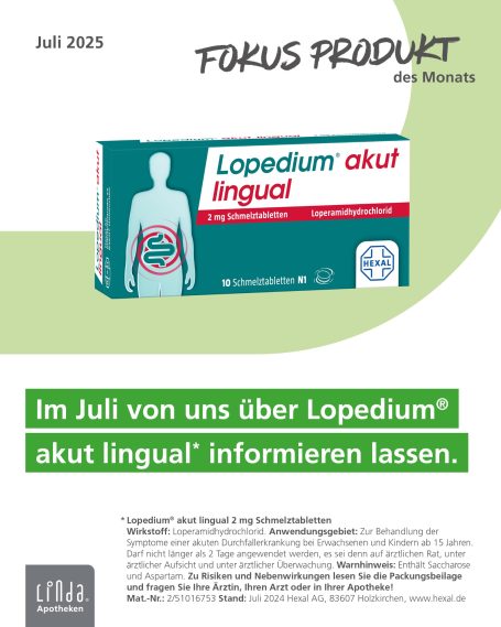 Packungsdesign von Lopedium akut lingual mit Informationen zum Produkt.