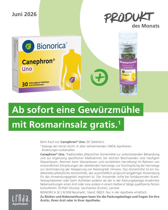 Produktinformation von Bionorica über Camedron UNO mit Werbeaktion für Gewürzmühle.
