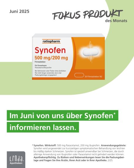 Abbildung einer Packung Synofen Tabletten auf grüner Fläche. Überschrift:Fokusprodukt des Monats.