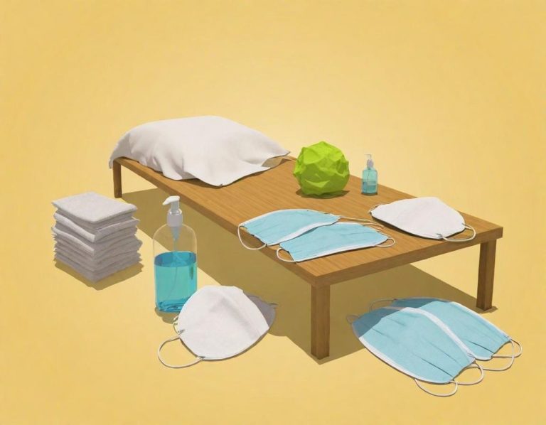 Ein Tisch mit Kissen, Desinfektionsmittel, Masken und Handtüchern auf gelbem Hintergrund.