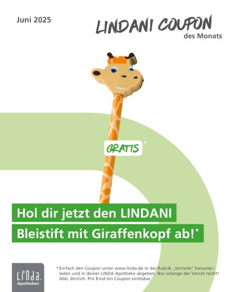 Werbung für einen Lindani Bleistift mit Giraffenkopf, gültig bis Juni 2015.