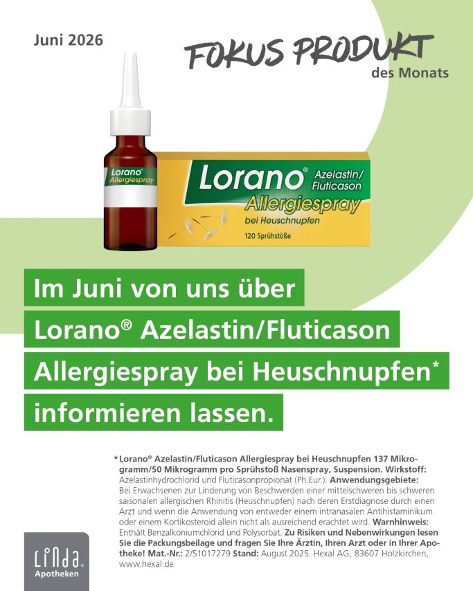 Allergiespray Lorano® mit Azelastin/Fluticason zur Linderung von Heuschnupfen.