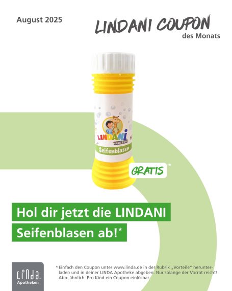 Lindani Coupon für Seifenblasen, gelb und weiß, mit buntem Design und dem Text „Hol dir jetzt“.