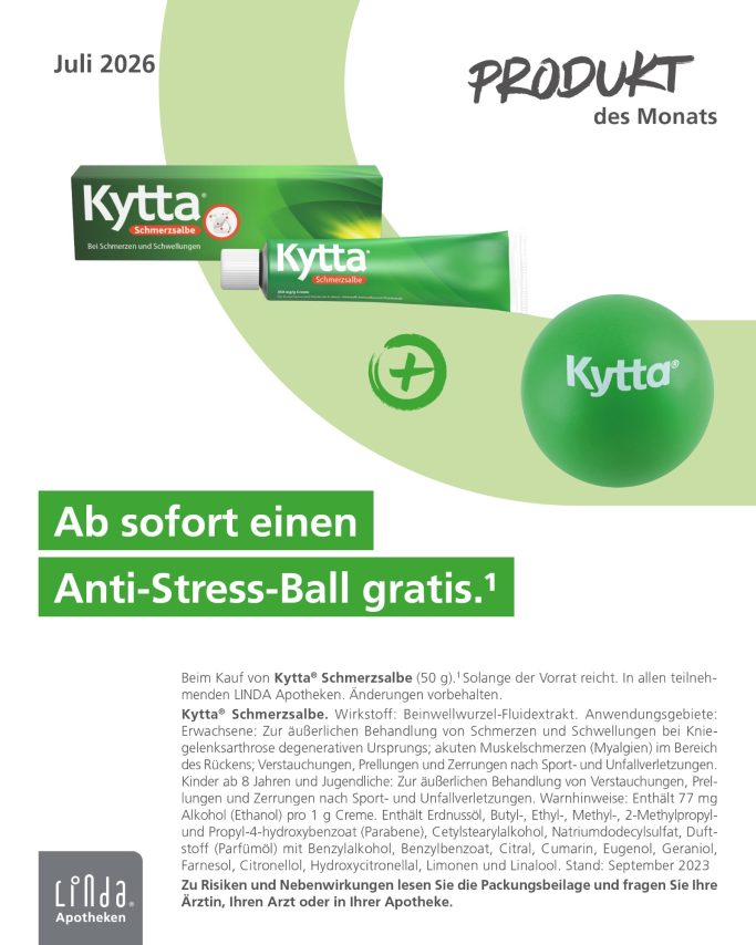 Kyttasalbe und ein kostenloser Anti-Stress-Ball, Produktinformation Juli 2016.