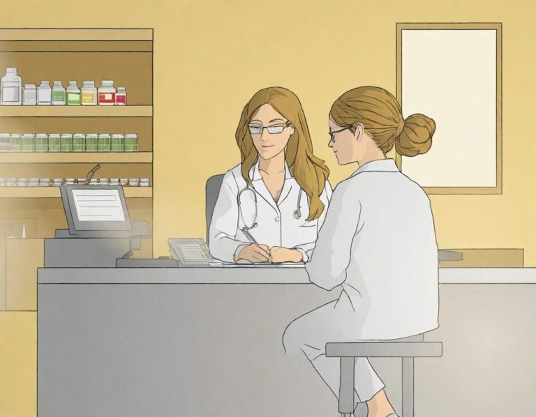 Ärztin berät Patientin an einem Empfangstresen in einer Arztpraxis.