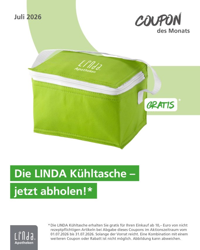 Grüne Kühltasche mit weißem Reißverschluss und dem Aufdruck "LINDA".