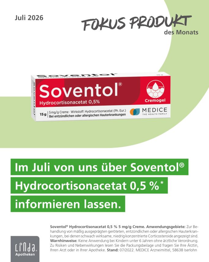 Soventol®-Produktinformation über Hydrocortisonacetat 0,5 % vom Juli 2016.