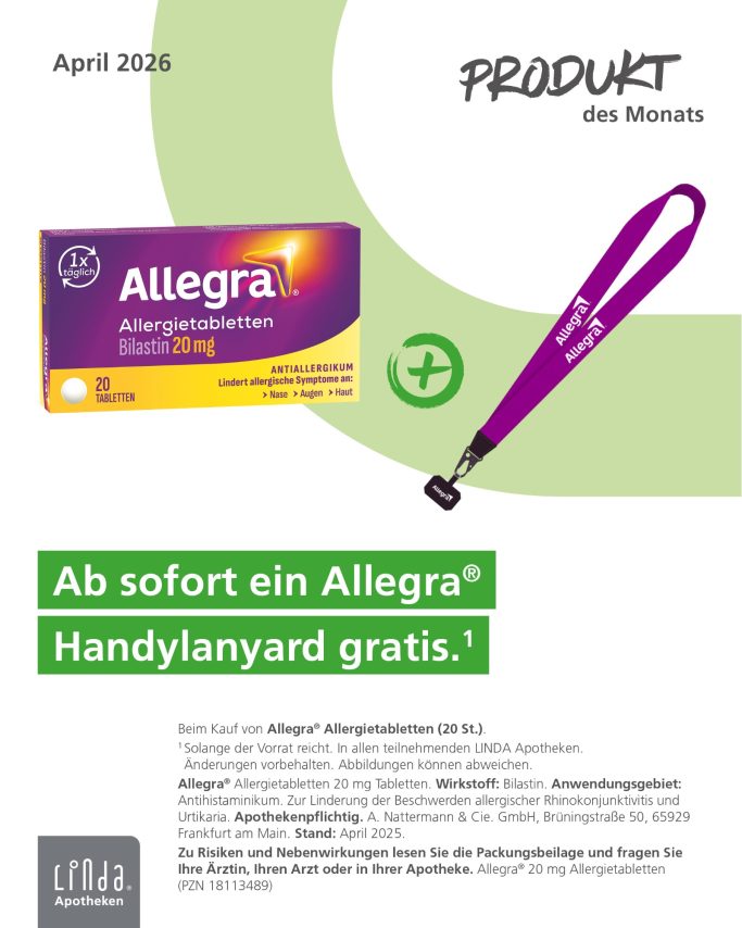 Produktabbildung „Allegra Allergietabletten 20 mg“ neben einem violetten Lanyard. 