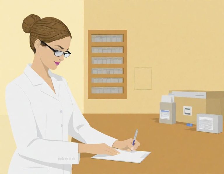 Eine Frau in einem weißen Kittel schreibt an einem Tisch. Im Hintergrund sind Utensilien.