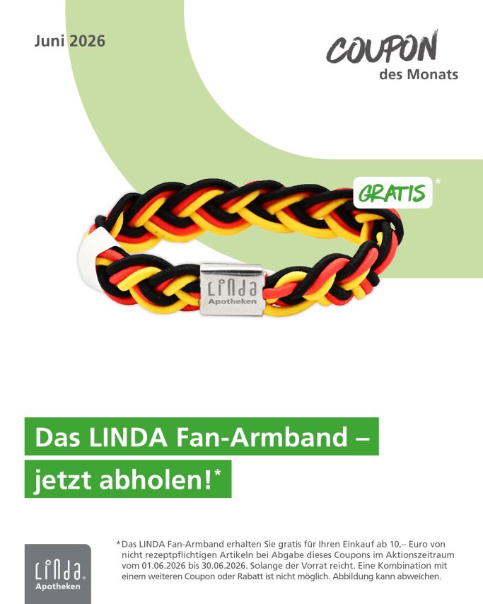 Schwarzes, rotes und gelbes Fan-Armband mit dem Text "Das LINDA Fan-Armband – jetzt abholen!"