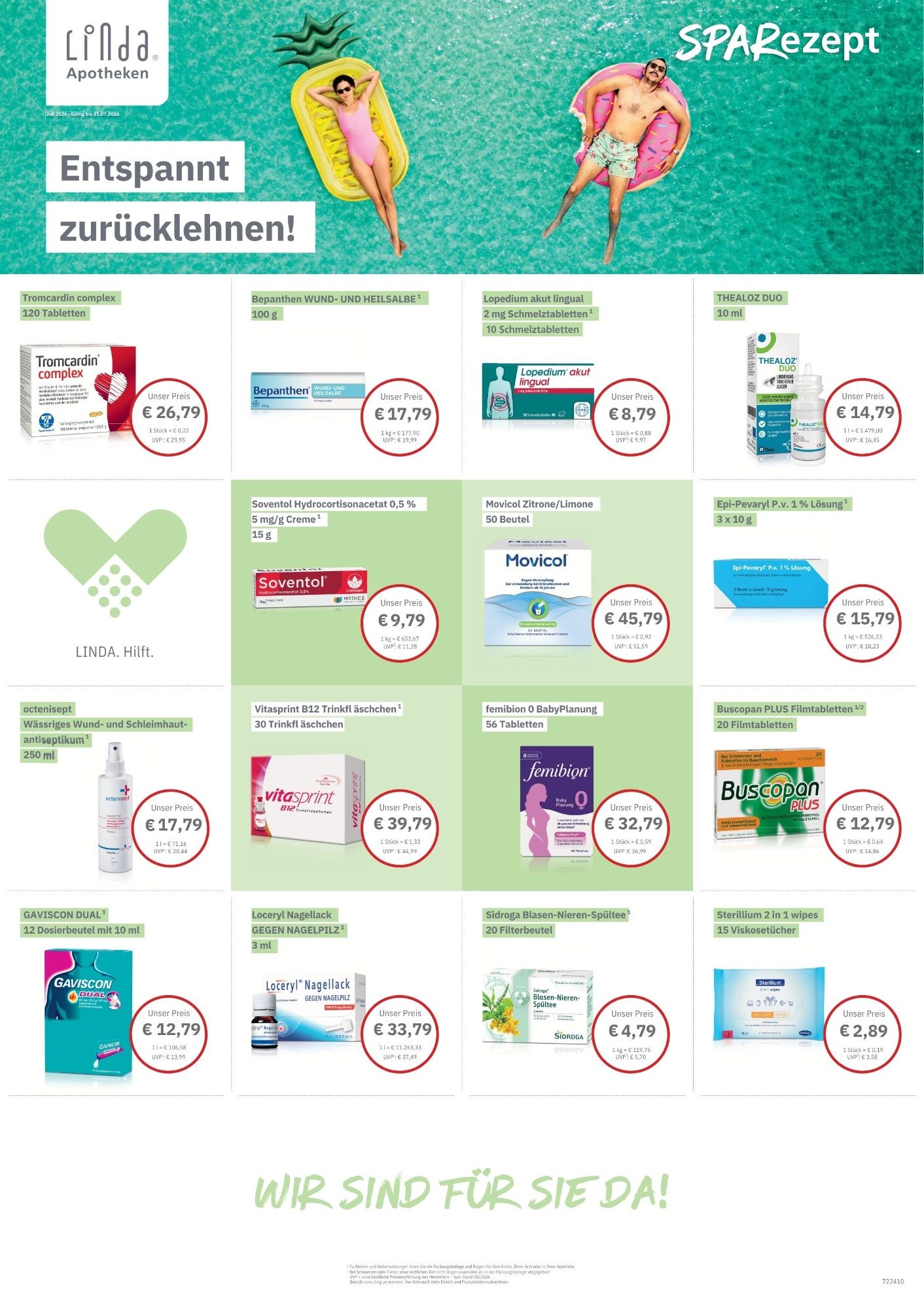 Produktübersicht mit Preisen und Angeboten für verschiedene Artikel auf grünem Hintergrund.
