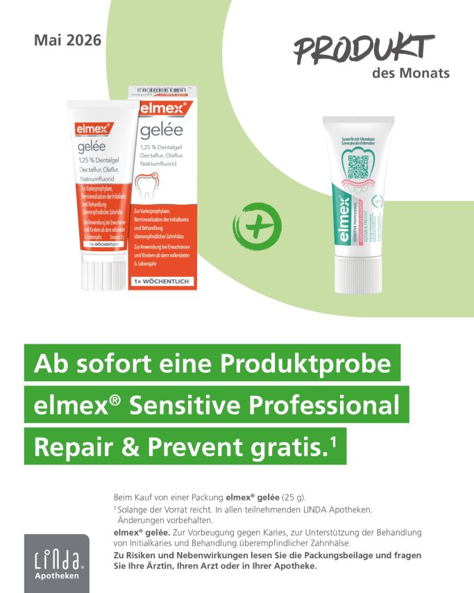 Zwei Tuben elmex Sensitive Professional mit Text zur Gratis-Probe im Mai 2026.