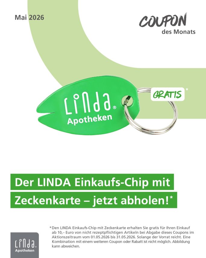 Grüner Einkaufs-Chip von LINDA Apotheken mit Zeckenkarte, erhältlich im Mai 2023.