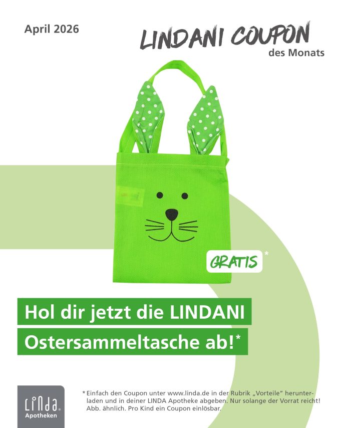 Grüne Tasche mit Hasengesicht und Ohren als Motiv. Text: „LINDANI Coupon des Monats“ und „Hol dir jetzt die LINDANI Ostersammeltasche ab!“. 