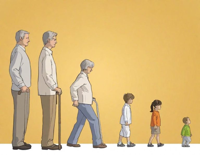 Darstellung des Lebenszyklus: von älteren Menschen zu Kindern in sanften Farben.